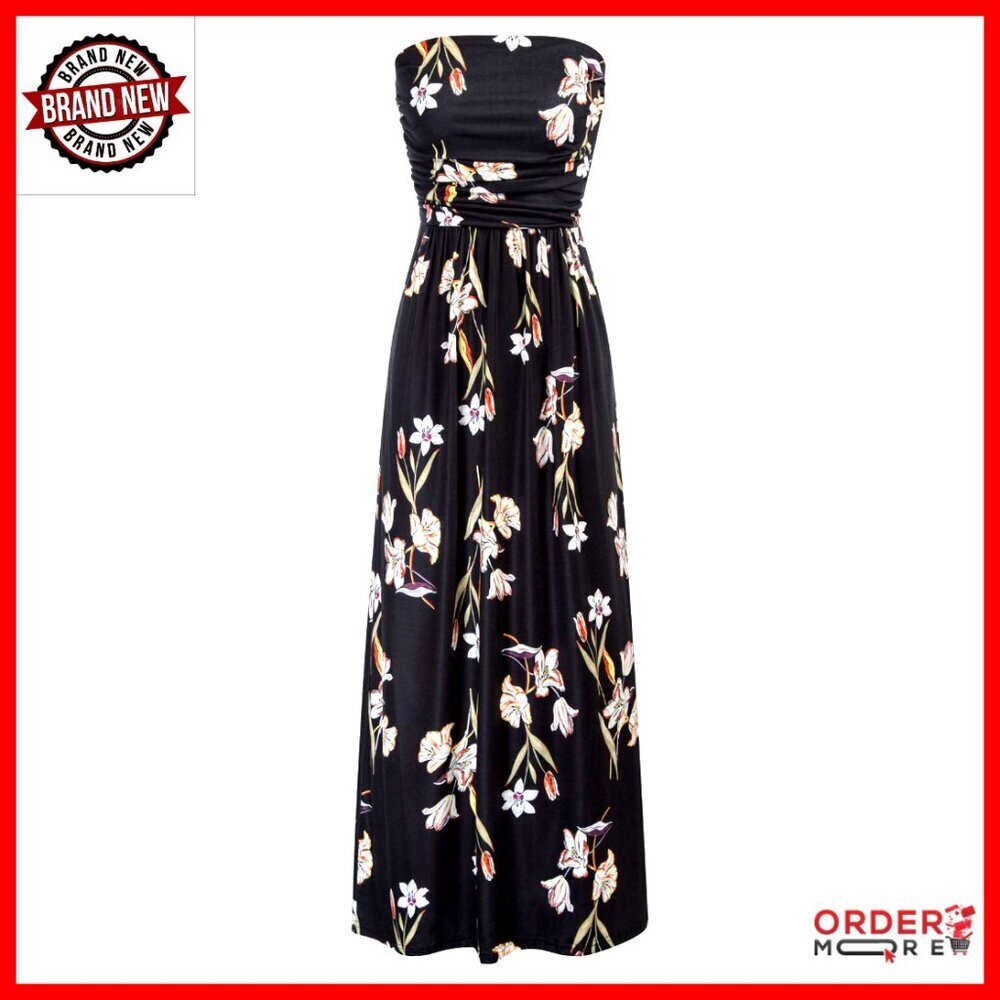 Strapless Maxi Dress Ruched Loose Fit Elegant Formal Party Wear with Pockets